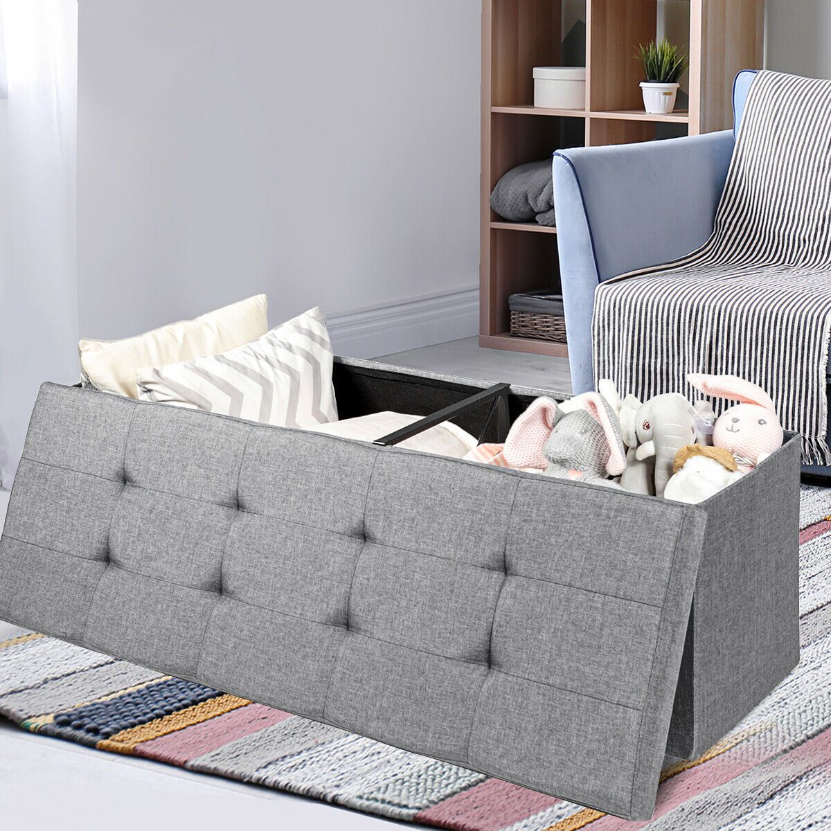 Folding Storage Ottoman Bench with Lid for Hallway or Bedroom - Silver